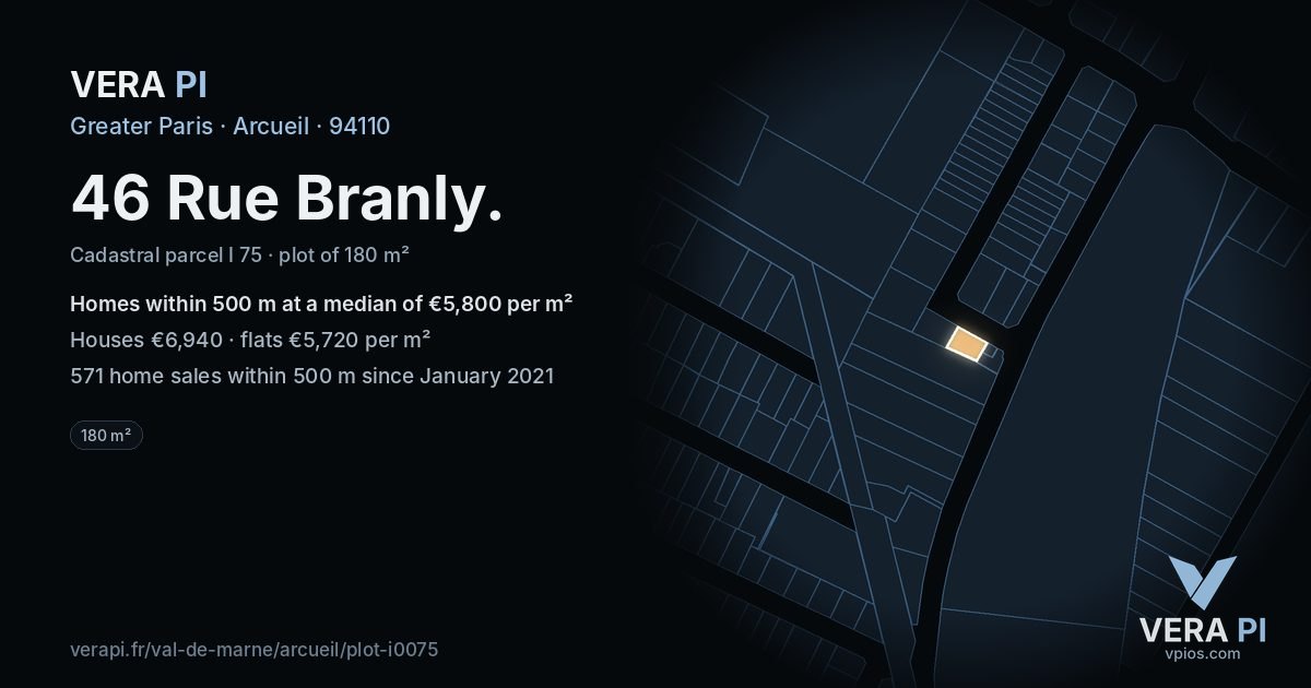 46 Rue Branly, Arcueil at night – the plot lit, the parcels around coloured by the prices near them