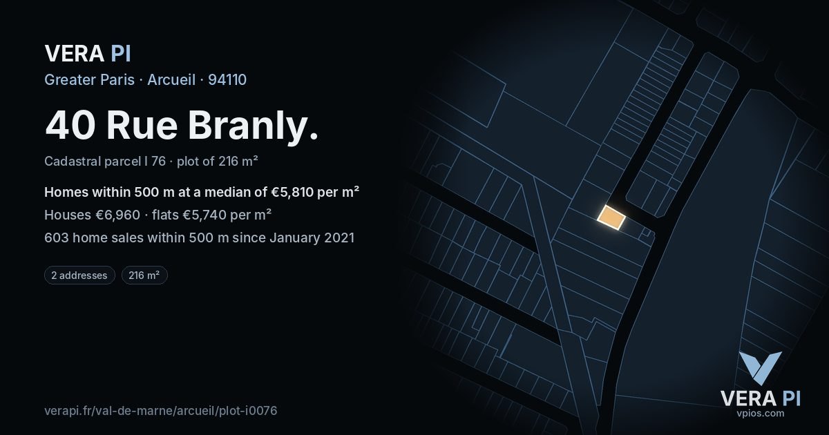 40 Rue Branly, Arcueil at night – the plot lit, the parcels around coloured by the prices near them