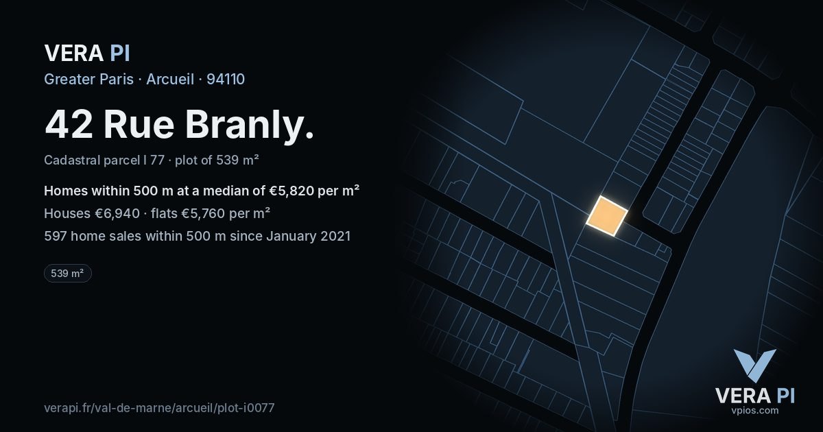42 Rue Branly, Arcueil at night – the plot lit, the parcels around coloured by the prices near them