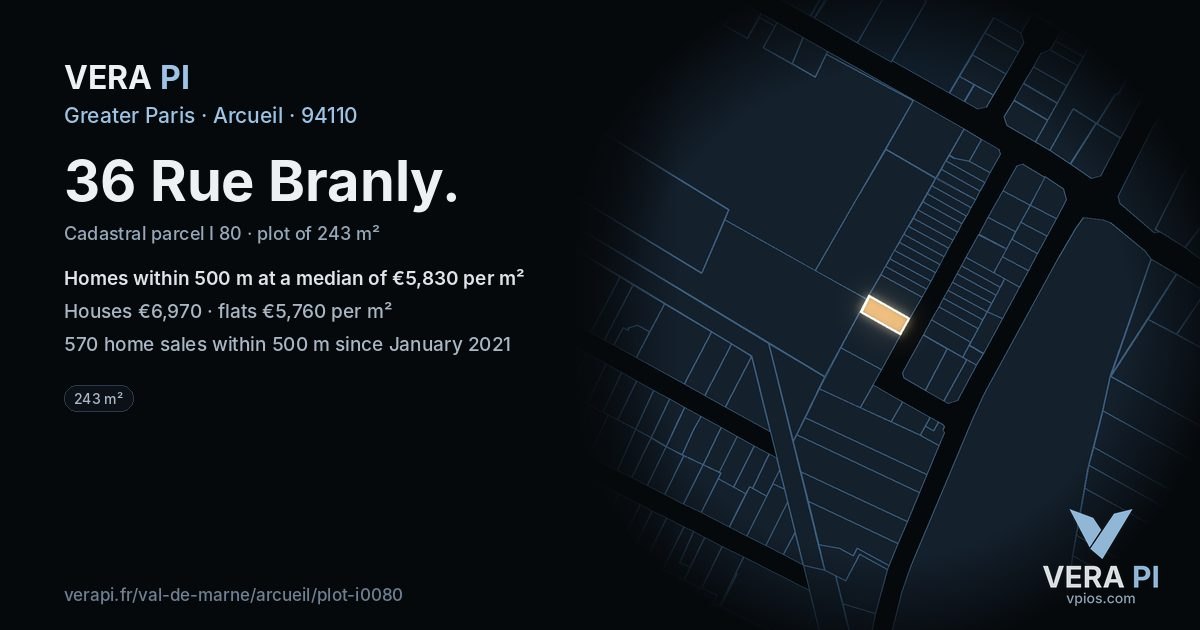 36 Rue Branly, Arcueil at night – the plot lit, the parcels around coloured by the prices near them