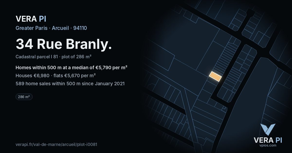 34 Rue Branly, Arcueil at night – the plot lit, the parcels around coloured by the prices near them