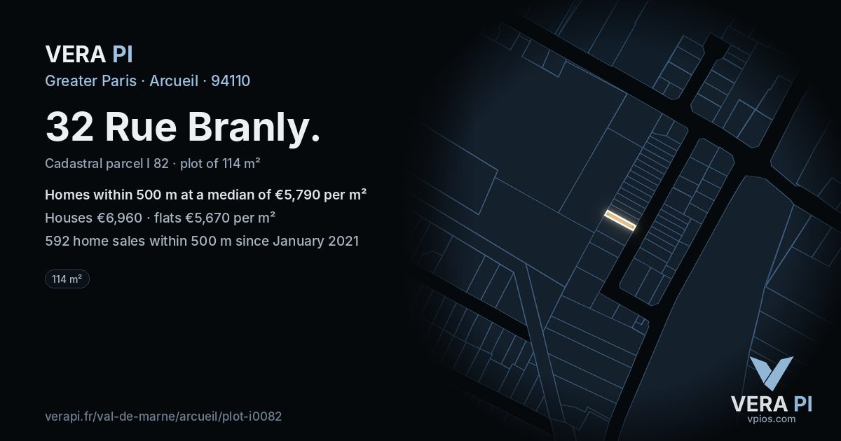 32 Rue Branly, Arcueil at night – the plot lit, the parcels around coloured by the prices near them