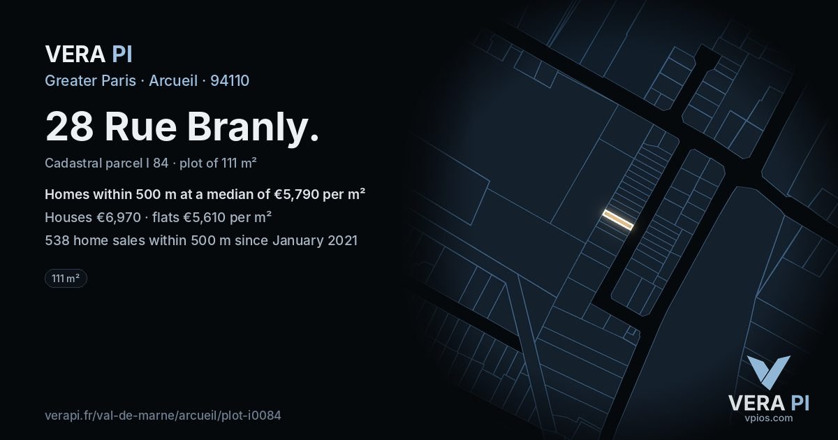 28 Rue Branly, Arcueil at night – the plot lit, the parcels around coloured by the prices near them