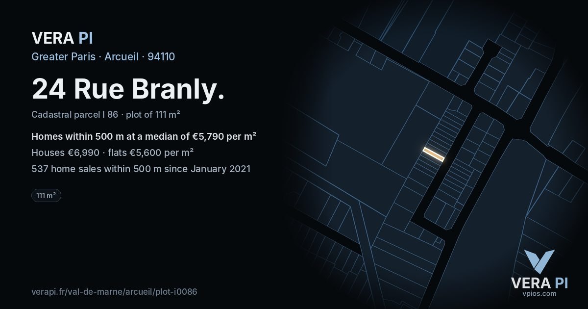 24 Rue Branly, Arcueil at night – the plot lit, the parcels around coloured by the prices near them