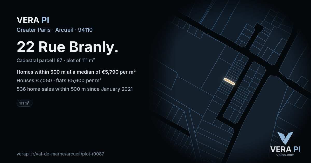 22 Rue Branly, Arcueil at night – the plot lit, the parcels around coloured by the prices near them
