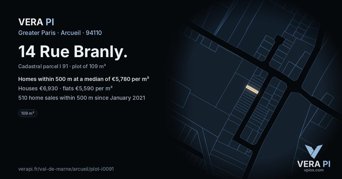 14 Rue Branly, Arcueil at night – the plot lit, the parcels around coloured by the prices near them