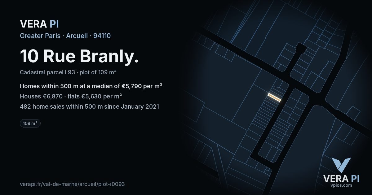 10 Rue Branly, Arcueil at night – the plot lit, the parcels around coloured by the prices near them