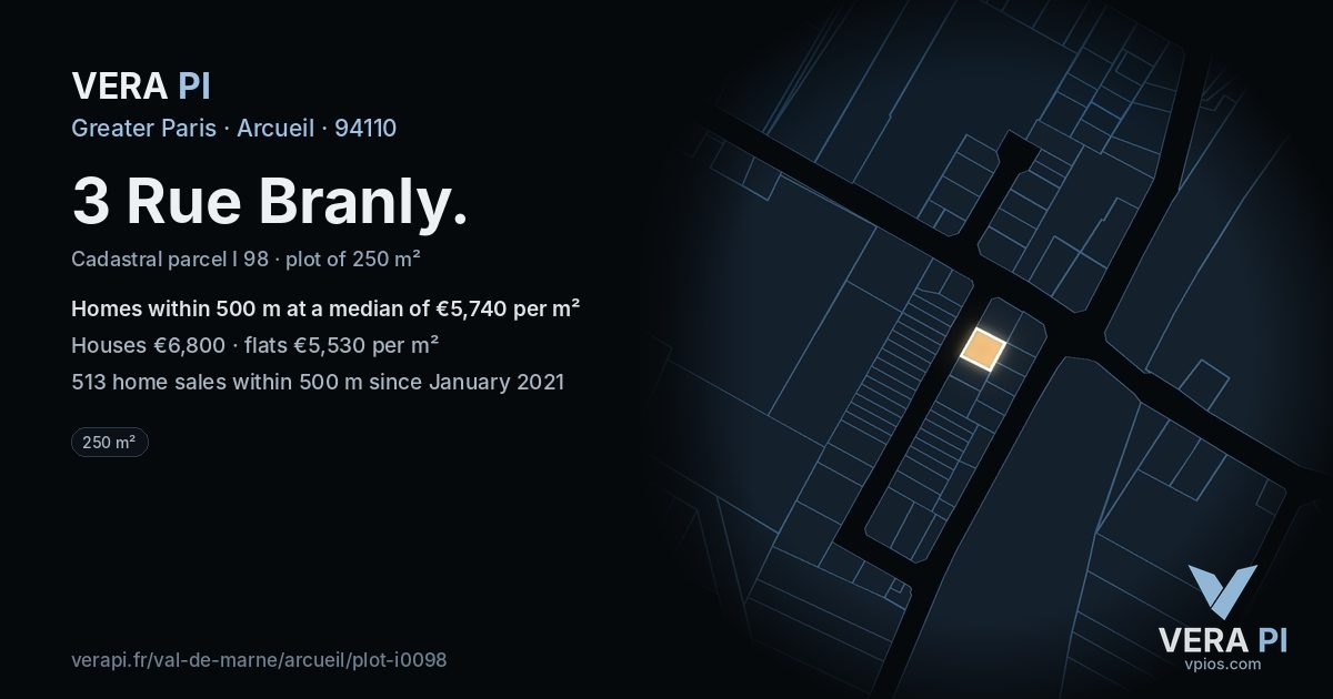 3 Rue Branly, Arcueil at night – the plot lit, the parcels around coloured by the prices near them