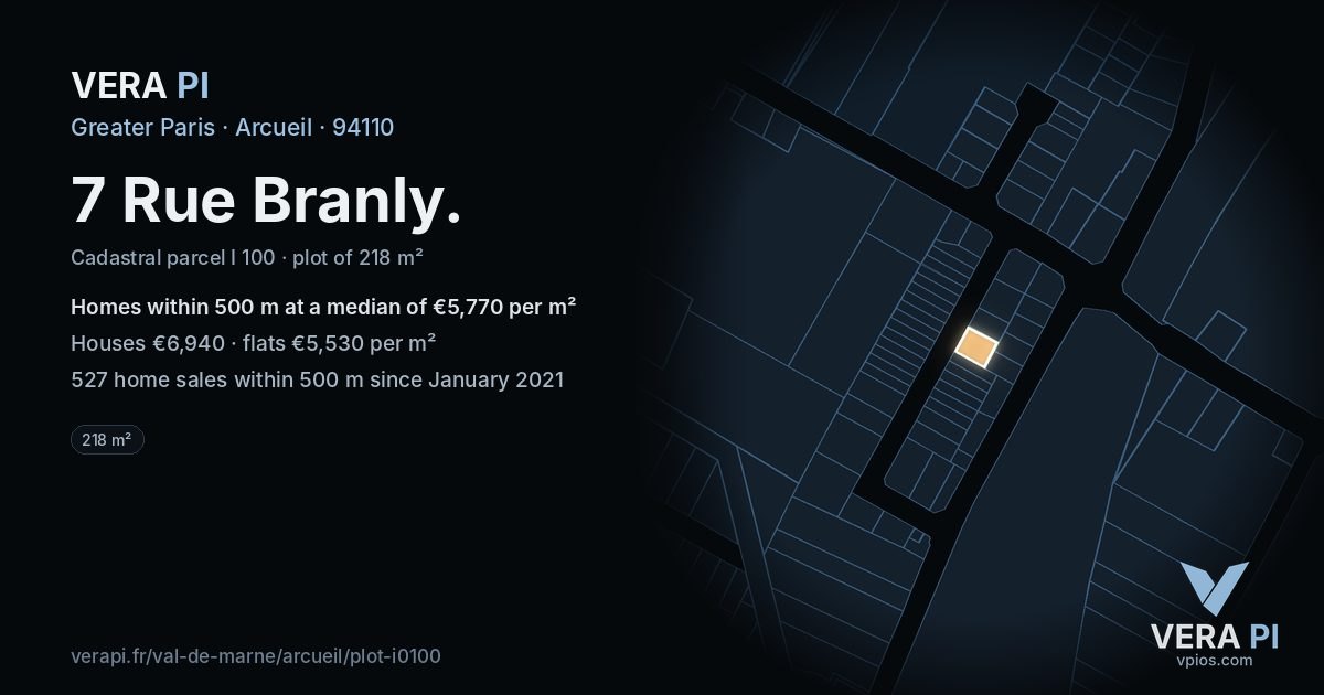 7 Rue Branly, Arcueil at night – the plot lit, the parcels around coloured by the prices near them