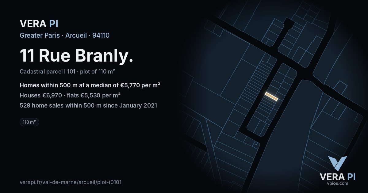 11 Rue Branly, Arcueil at night – the plot lit, the parcels around coloured by the prices near them