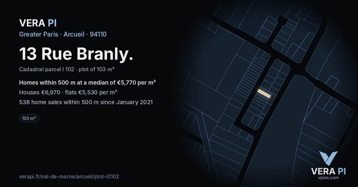 13 Rue Branly, Arcueil at night – the plot lit, the parcels around coloured by the prices near them