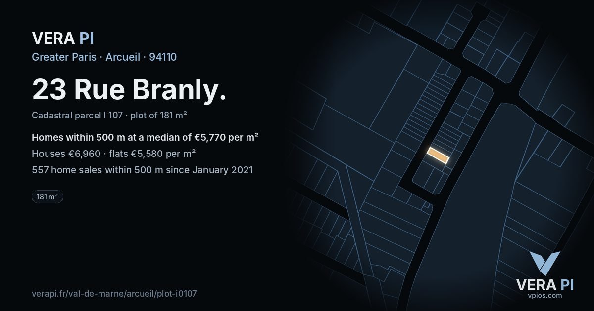 23 Rue Branly, Arcueil at night – the plot lit, the parcels around coloured by the prices near them