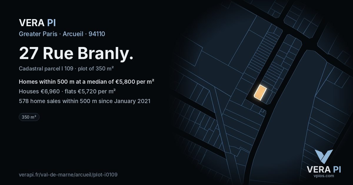 27 Rue Branly, Arcueil at night – the plot lit, the parcels around coloured by the prices near them