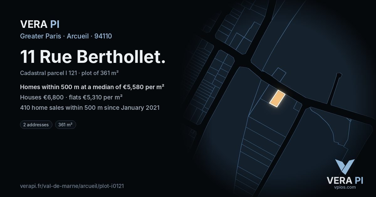 11 Rue Berthollet, Arcueil at night – the plot lit, the parcels around coloured by the prices near them