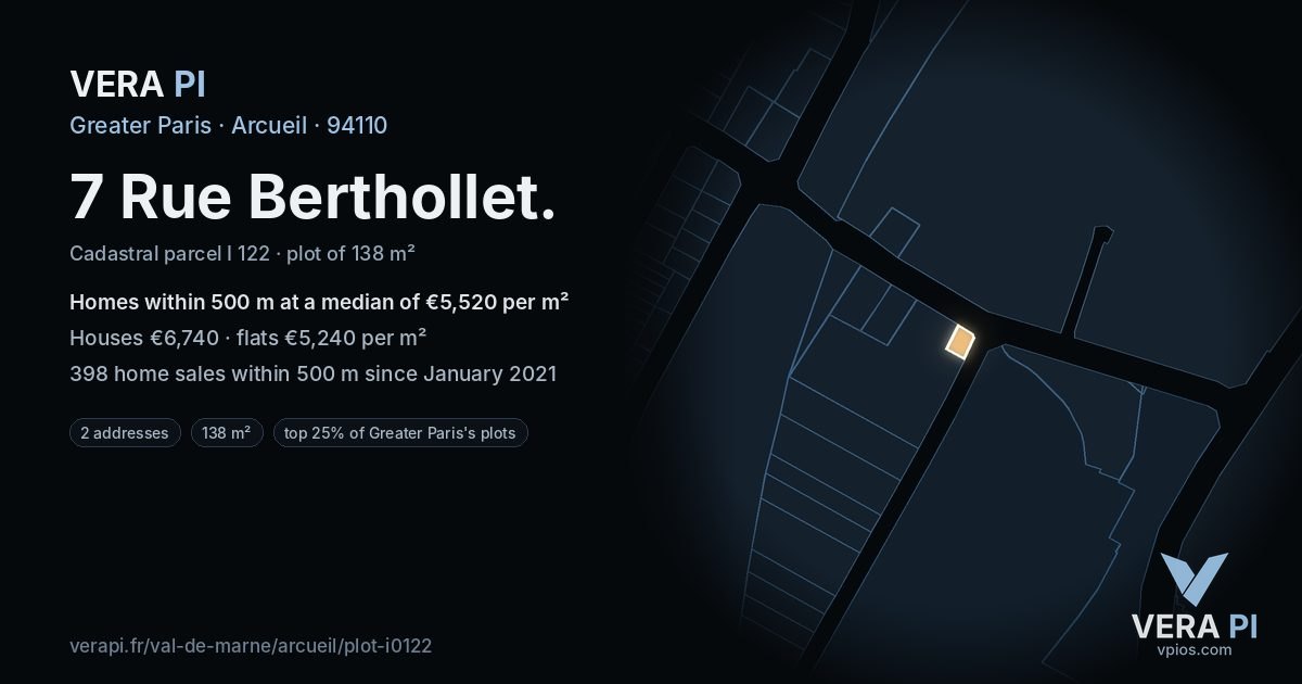 7 Rue Berthollet, Arcueil at night – the plot lit, the parcels around coloured by the prices near them