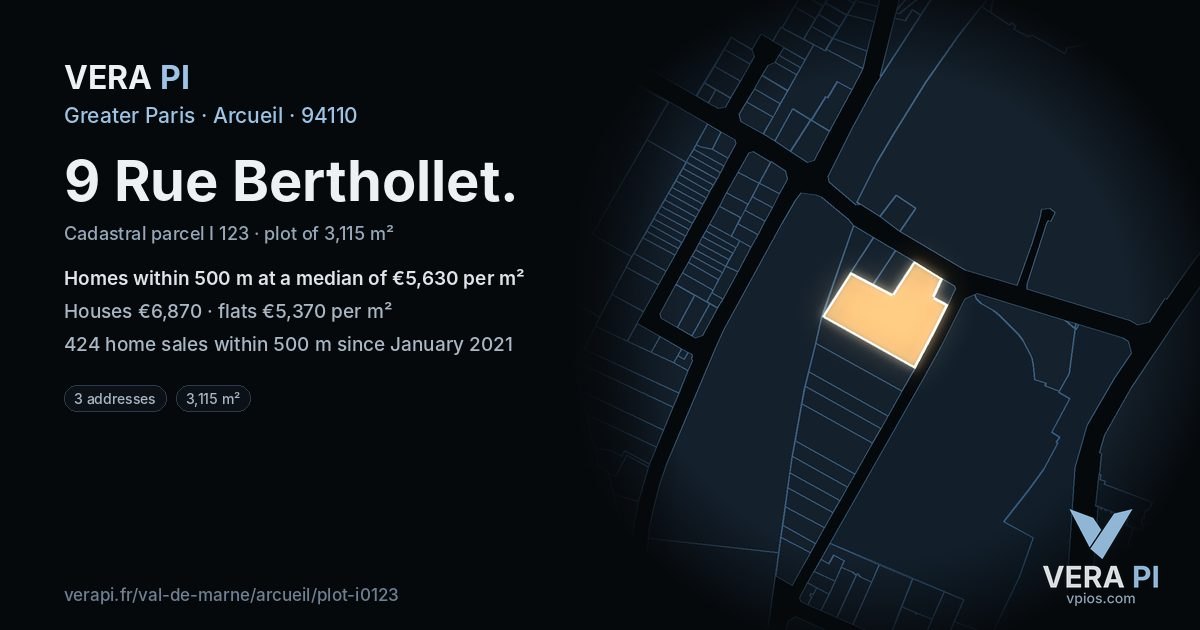 9 Rue Berthollet, Arcueil at night – the plot lit, the parcels around coloured by the prices near them
