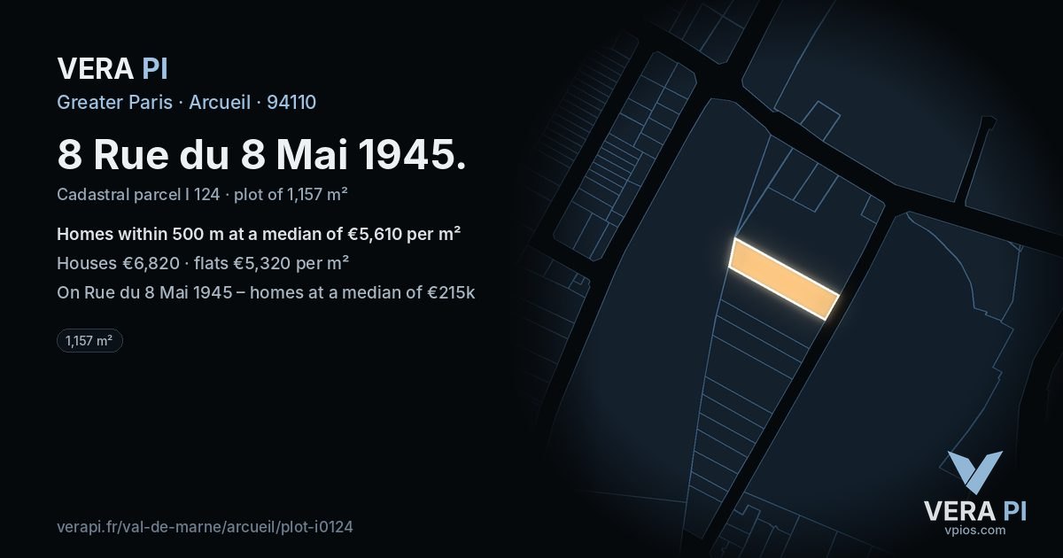 8 Rue du 8 Mai 1945, Arcueil at night – the plot lit, the parcels around coloured by the prices near them