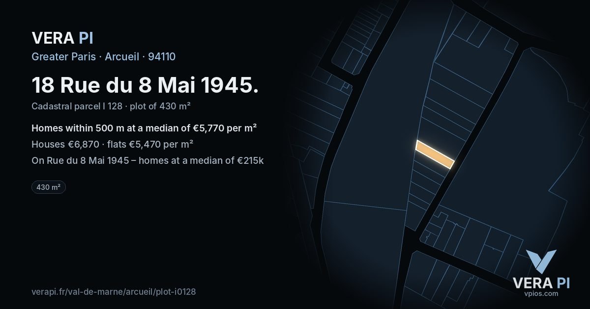 18 Rue du 8 Mai 1945, Arcueil at night – the plot lit, the parcels around coloured by the prices near them