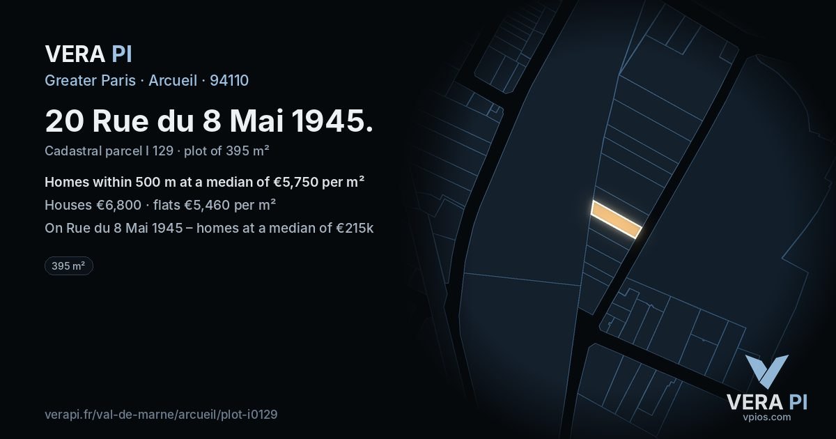 20 Rue du 8 Mai 1945, Arcueil at night – the plot lit, the parcels around coloured by the prices near them