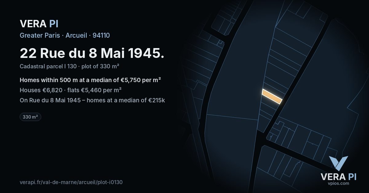 22 Rue du 8 Mai 1945, Arcueil at night – the plot lit, the parcels around coloured by the prices near them