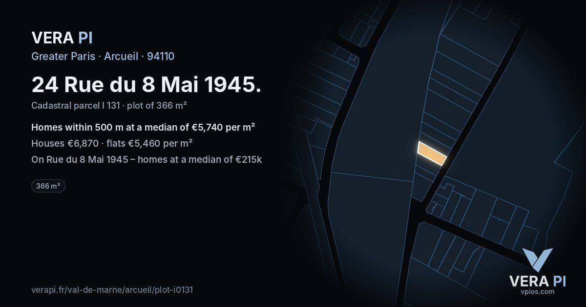 24 Rue du 8 Mai 1945, Arcueil at night – the plot lit, the parcels around coloured by the prices near them