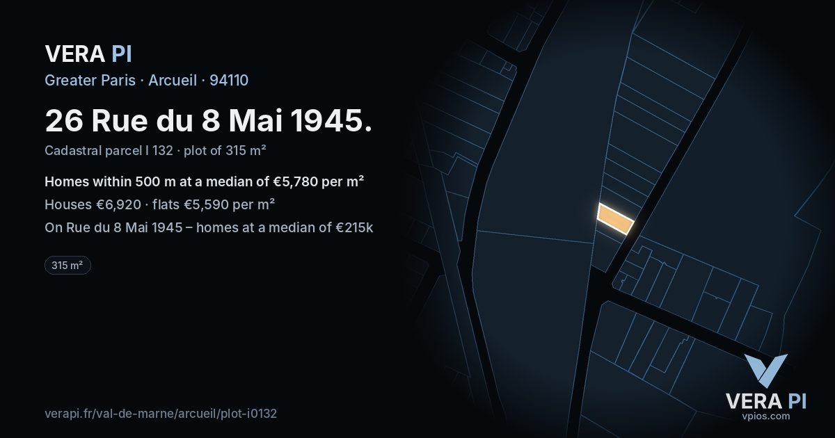 26 Rue du 8 Mai 1945, Arcueil at night – the plot lit, the parcels around coloured by the prices near them