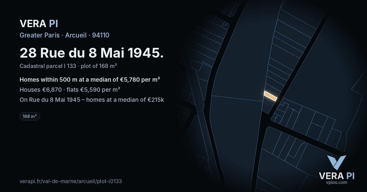 28 Rue du 8 Mai 1945, Arcueil at night – the plot lit, the parcels around coloured by the prices near them
