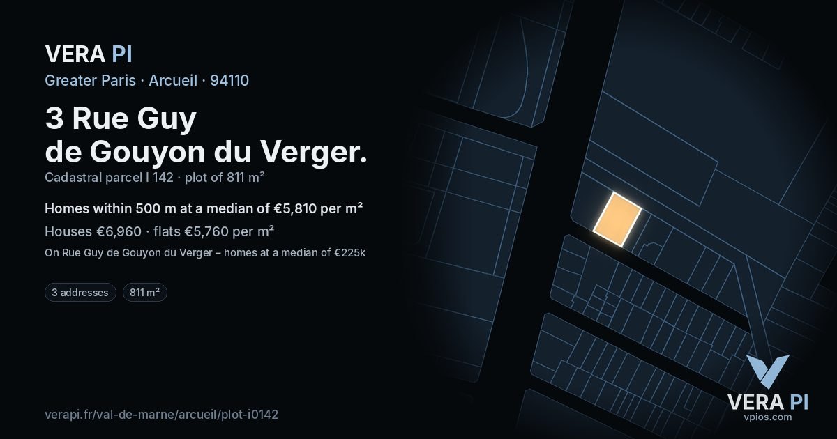 3 Rue Guy de Gouyon du Verger, Arcueil at night – the plot lit, the parcels around coloured by the prices near them