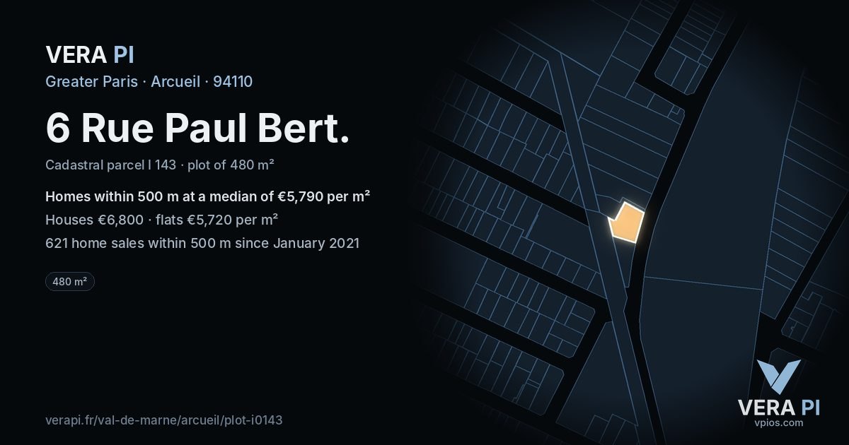 6 Rue Paul Bert, Arcueil at night – the plot lit, the parcels around coloured by the prices near them