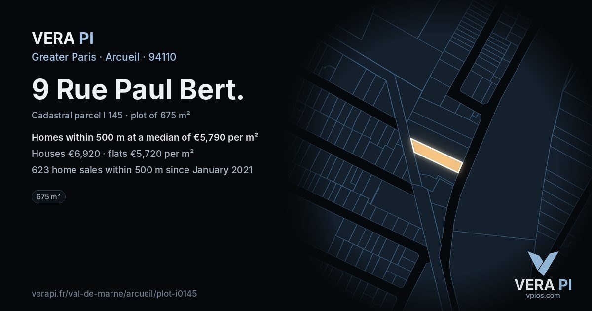 9 Rue Paul Bert, Arcueil at night – the plot lit, the parcels around coloured by the prices near them
