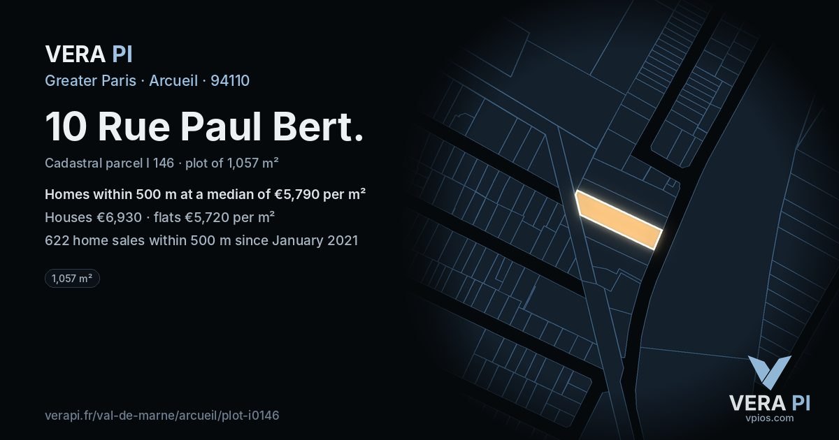 10 Rue Paul Bert, Arcueil at night – the plot lit, the parcels around coloured by the prices near them