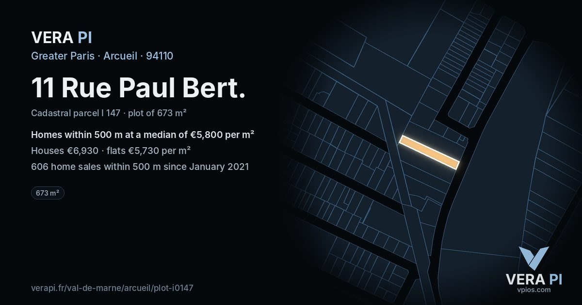 11 Rue Paul Bert, Arcueil at night – the plot lit, the parcels around coloured by the prices near them