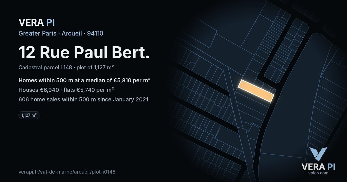 12 Rue Paul Bert, Arcueil at night – the plot lit, the parcels around coloured by the prices near them