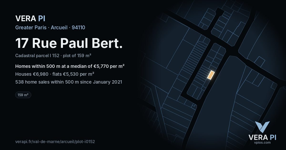 17 Rue Paul Bert, Arcueil at night – the plot lit, the parcels around coloured by the prices near them