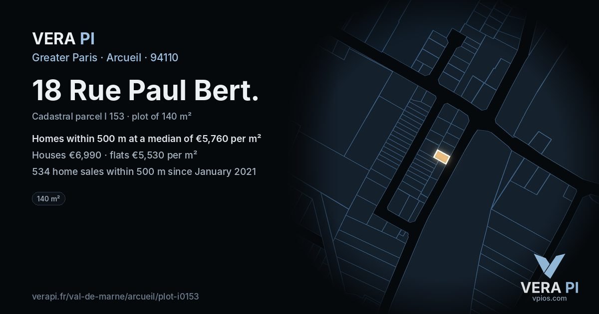 18 Rue Paul Bert, Arcueil at night – the plot lit, the parcels around coloured by the prices near them