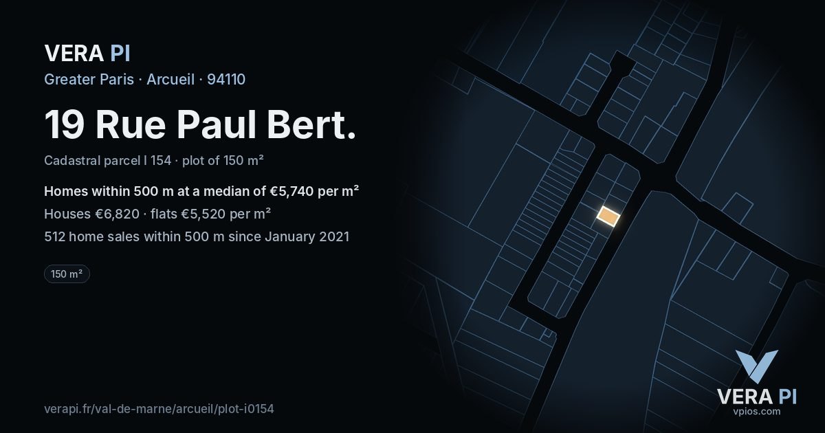 19 Rue Paul Bert, Arcueil at night – the plot lit, the parcels around coloured by the prices near them
