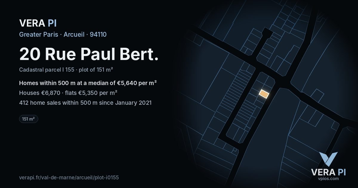 20 Rue Paul Bert, Arcueil at night – the plot lit, the parcels around coloured by the prices near them