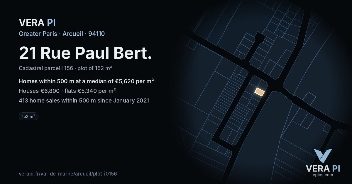 21 Rue Paul Bert, Arcueil at night – the plot lit, the parcels around coloured by the prices near them