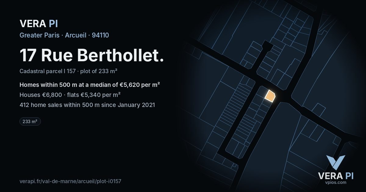 17 Rue Berthollet, Arcueil at night – the plot lit, the parcels around coloured by the prices near them