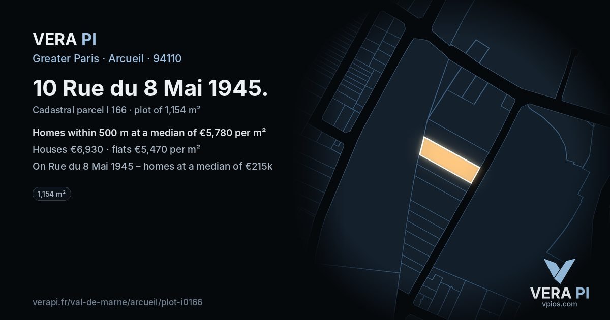 10 Rue du 8 Mai 1945, Arcueil at night – the plot lit, the parcels around coloured by the prices near them