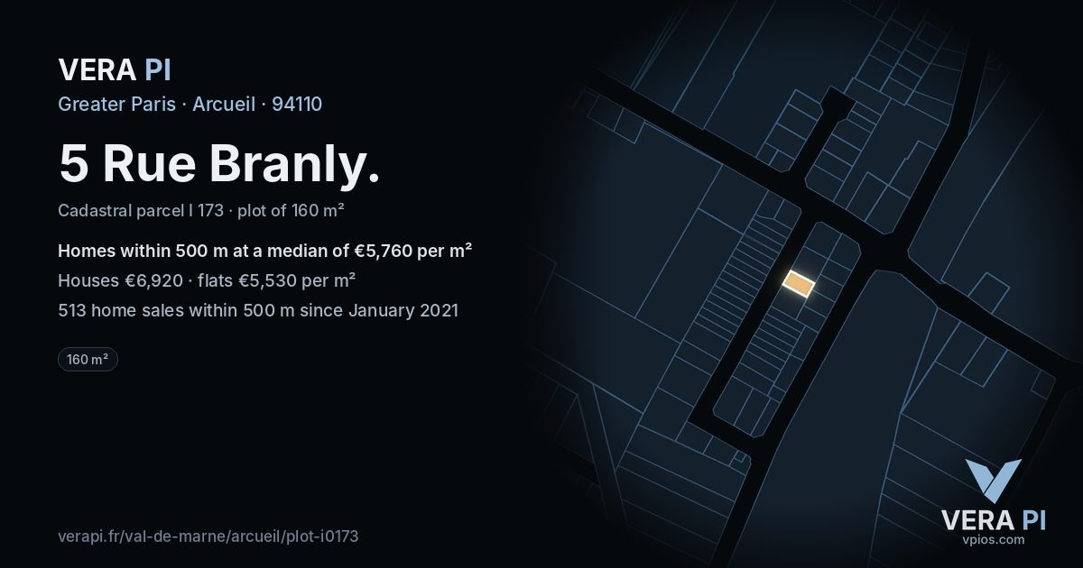 5 Rue Branly, Arcueil at night – the plot lit, the parcels around coloured by the prices near them