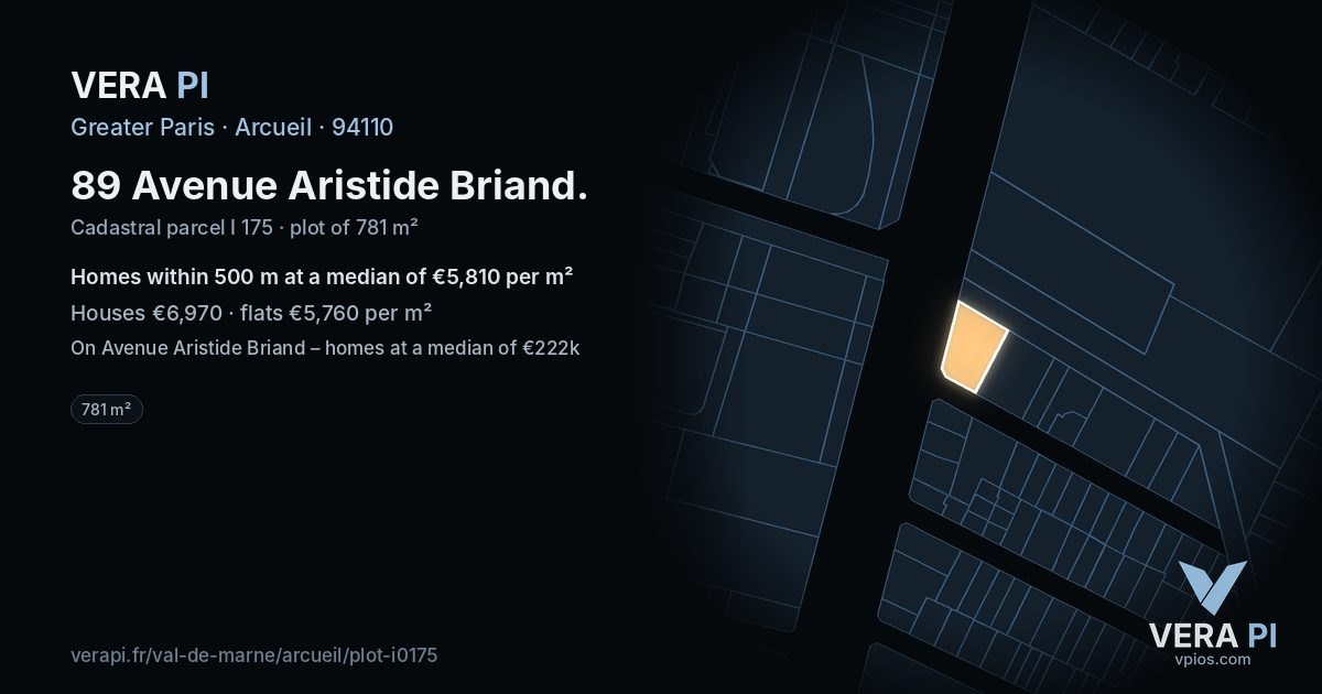 89 Avenue Aristide Briand, Arcueil at night – the plot lit, the parcels around coloured by the prices near them