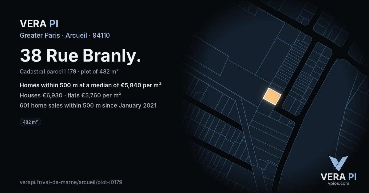 38 Rue Branly, Arcueil at night – the plot lit, the parcels around coloured by the prices near them