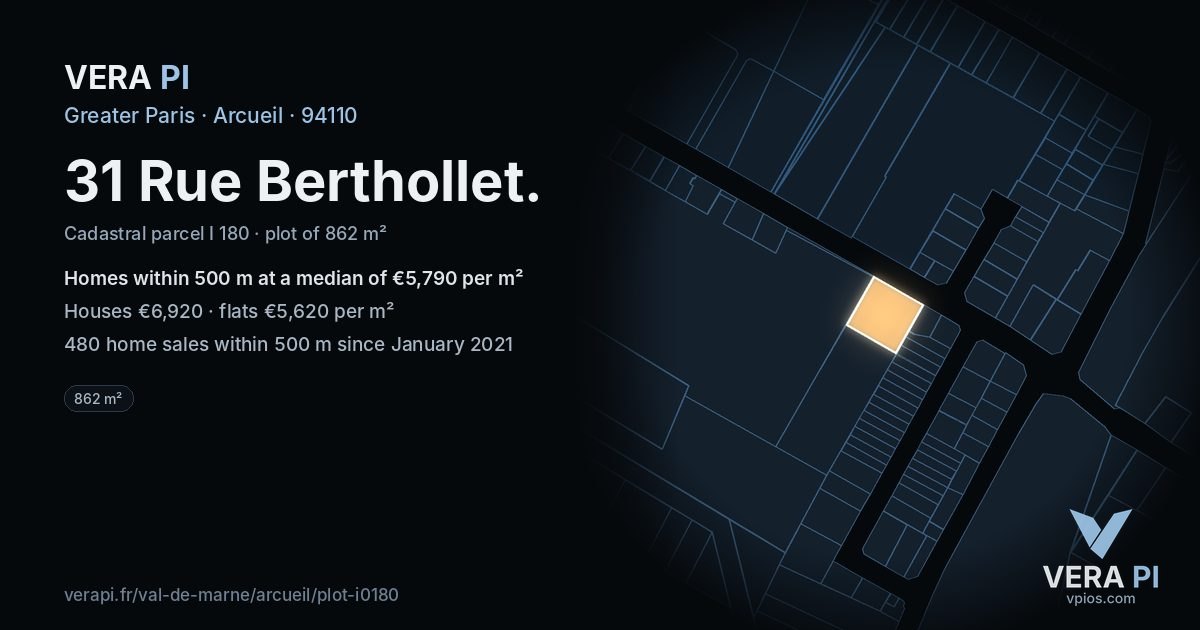 31 Rue Berthollet, Arcueil at night – the plot lit, the parcels around coloured by the prices near them