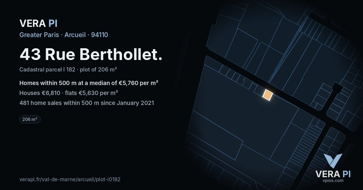 43 Rue Berthollet, Arcueil at night – the plot lit, the parcels around coloured by the prices near them