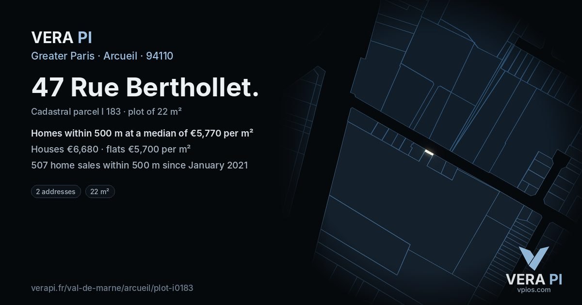47 Rue Berthollet, Arcueil at night – the plot lit, the parcels around coloured by the prices near them