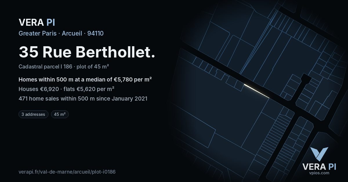 35 Rue Berthollet, Arcueil at night – the plot lit, the parcels around coloured by the prices near them