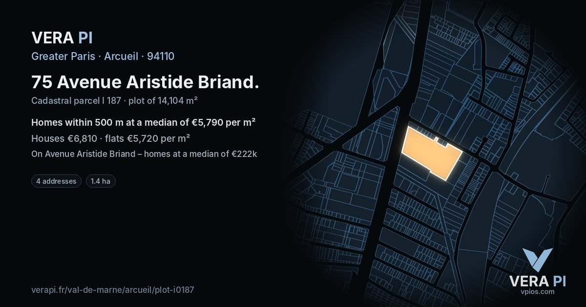 75 Avenue Aristide Briand, Arcueil at night – the plot lit, the parcels around coloured by the prices near them