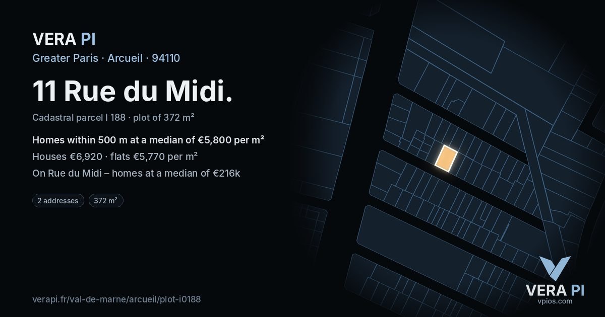 11 Rue du Midi, Arcueil at night – the plot lit, the parcels around coloured by the prices near them