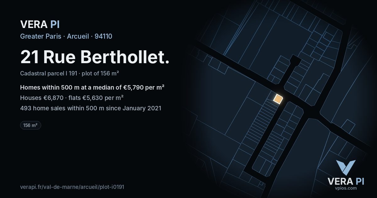 21 Rue Berthollet, Arcueil at night – the plot lit, the parcels around coloured by the prices near them